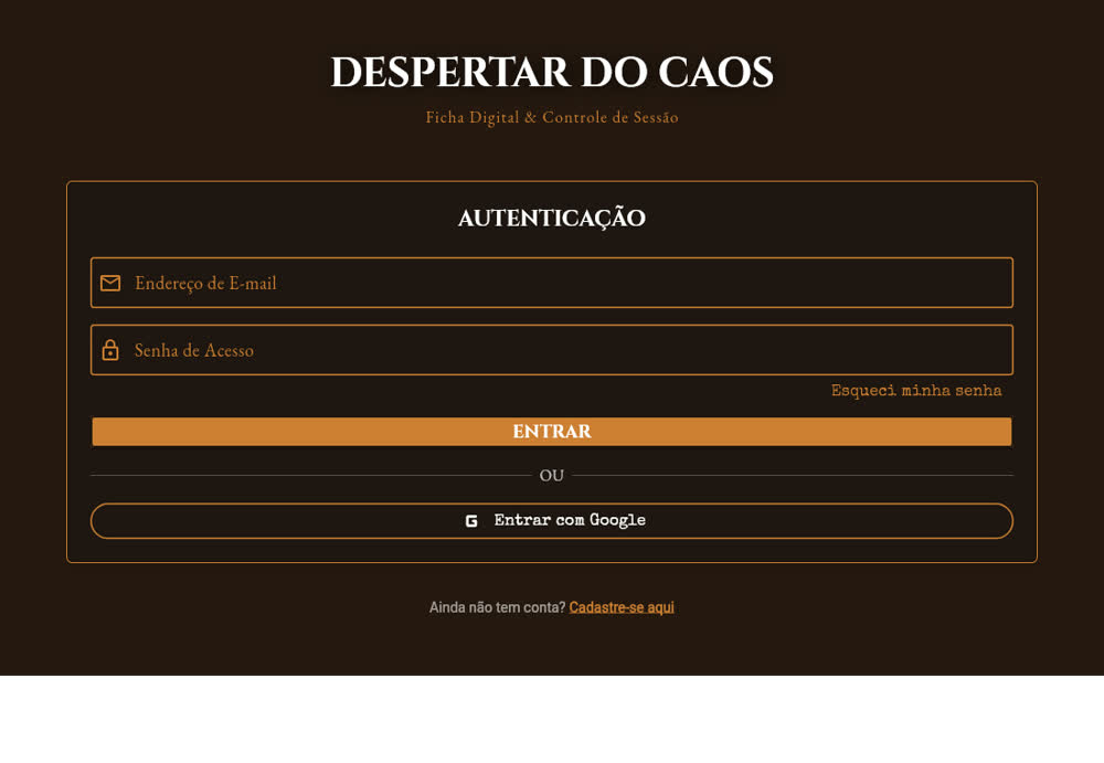 Tela de entrada, na versão web do app.